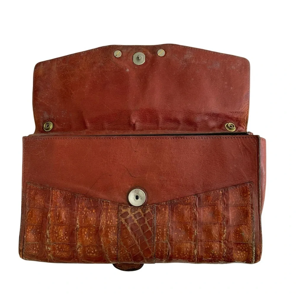 Vintage Brown Crocodile Alligator Leather Clutch Silver Buckle